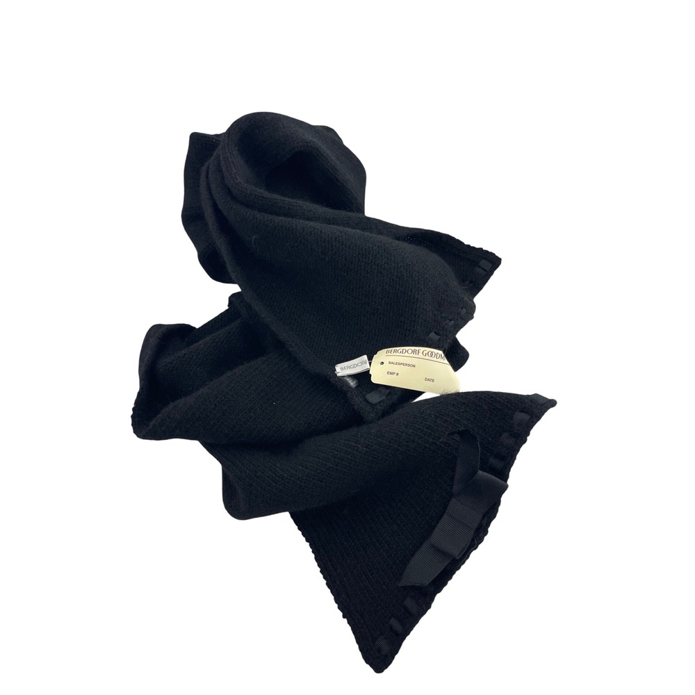 Bergdorf Goodman Black 100%‎ Cashmere Scarf with Grosgrain Ribbon Bow NWT I07